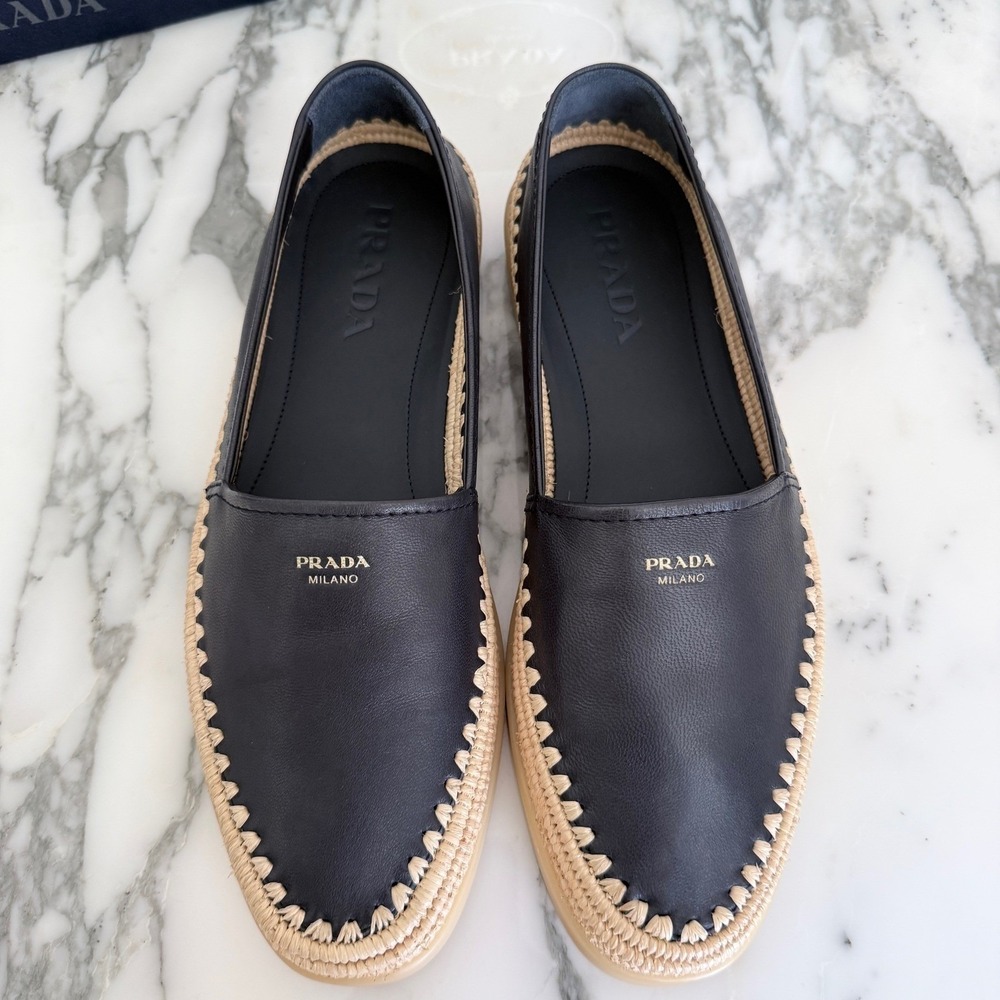 Prada Nappa Leather Mens Loafers Blue Espadrille Rope Trim SlipOn 2DG156 US8 - Picture 4 of 14